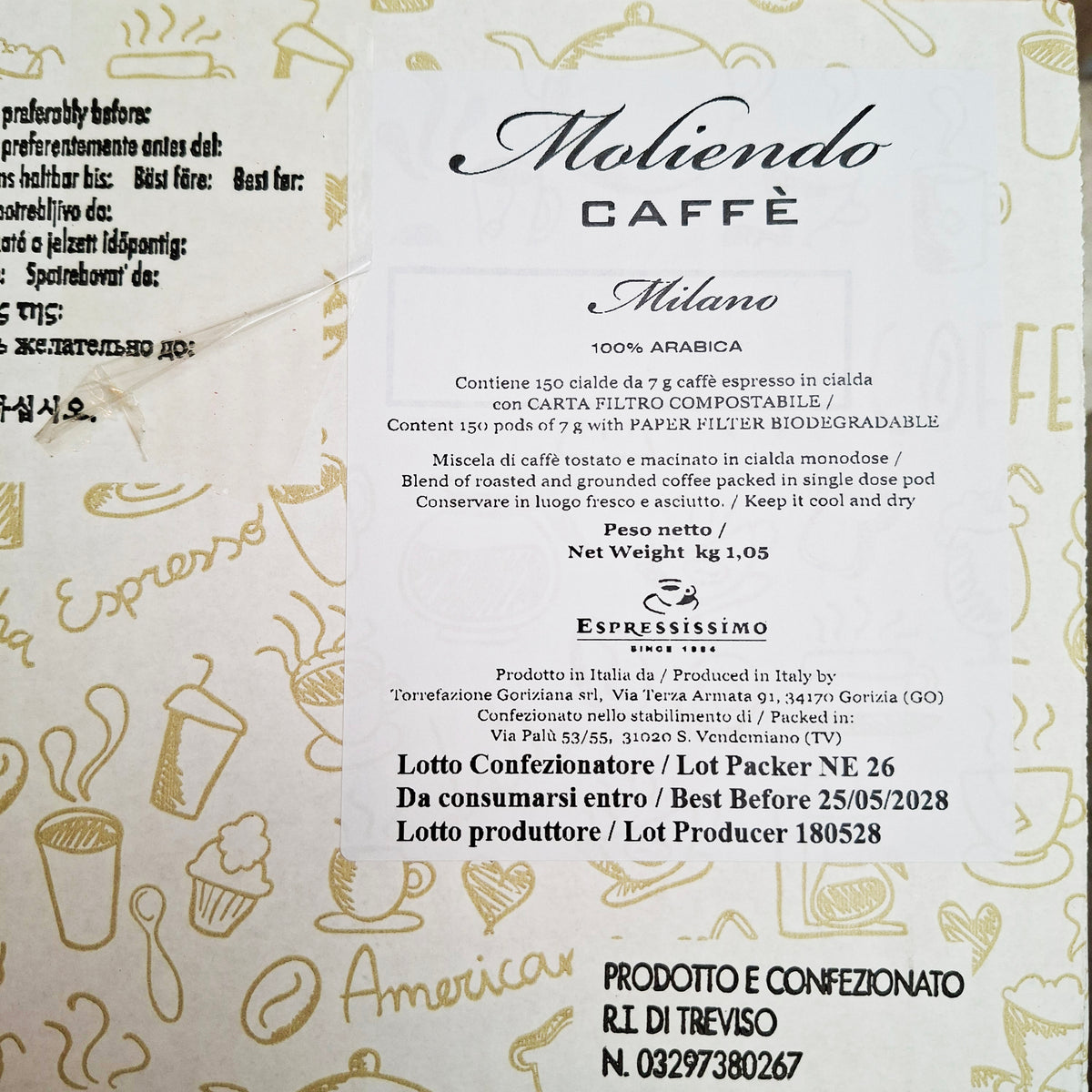 Etiket Moliendo Caffè Milano E.S.E. servings, 100% Arabica, 150 cialde van 7 gram