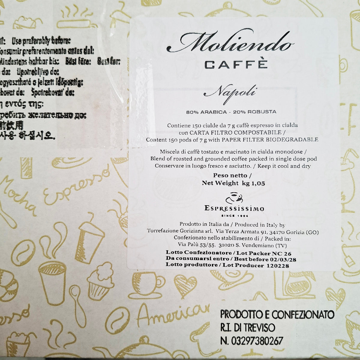 Etiket Moliendo Caffè Napoli E.S.E. servings, 80% Arabica 20% Robusta, 150 cialde van 7 gram